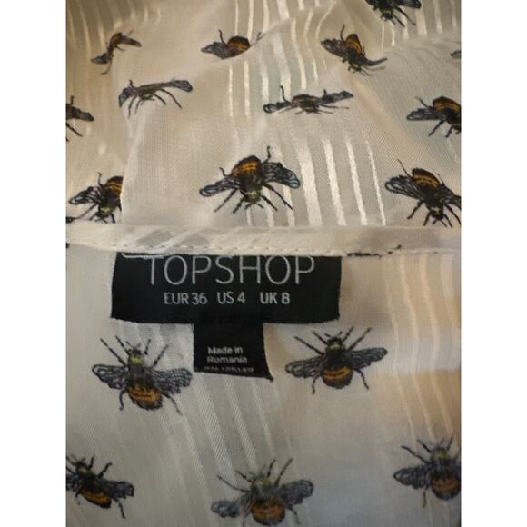 Women US-4 Topshop Cream Bee Print Blouse Shirt Top Faux Wrap Cold Shoulder - Picture 6 of 6